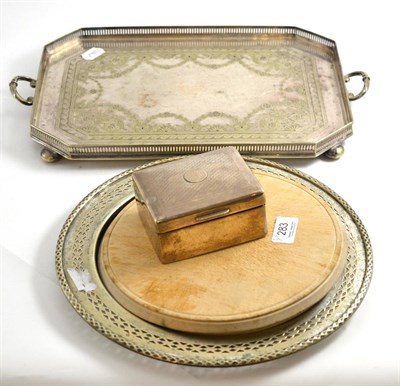 Lot 283 - A silver cigarette box, a plated tray and a bread board on plated mount