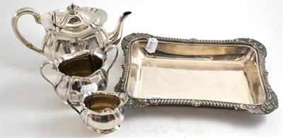 Lot 289 - Three piece silver tea set and a plated entree dish stand