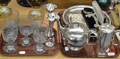 Lot 293 - Two silver plated trays, pair of plated spill vases, five glass rummers, plated teapot, silver...