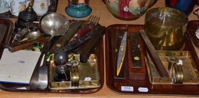 Lot 314 - Assorted plated flatware, plated ladles, plated football trophy, brass shell case, two brass...