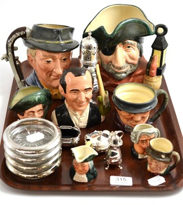 Lot 315 - Eight various Royal Doulton character jugs, silver three piece cruet set, plated caster and...