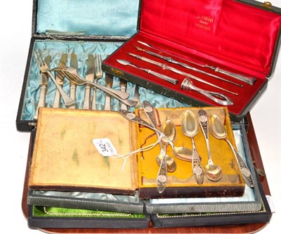 Lot 342 - Assorted cased flatware, some silver and a cased Continental silver mounted scribe set,...