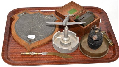 Lot 348 - Collector's items including a cased sight compass, trench art, etc