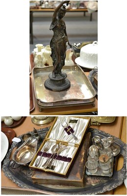 Lot 353 - A bronzed figure of a maiden, two plated tea trays, pair of silver dwarf candlesticks, flatware etc