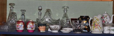 Lot 362 - A shelf including decorative cut glassware, Wedgwood coffee service, coloured glassware, two...