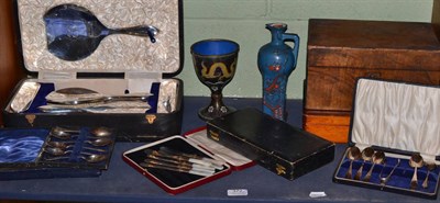 Lot 372 - A writing slope and box, four sets of silver spoons, box of costume jewellery and a dressing...