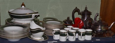 Lot 376 - Royal Doulton Vanborough pattern dinner/tea service in green and gilt and a plated tea service...