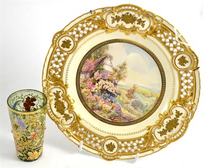 Lot 387 - A Royal Crown Derby painted and gilt cabinet plate signed J P Wale and a small green glass...