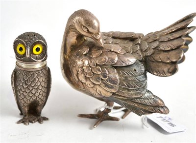 Lot 388 - Plated owl pepperette and a plated model of game bird