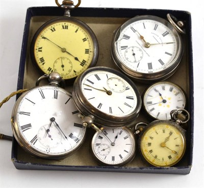 Lot 402 - Two silver pocket watches, fine silver pocket watch, gun metal pocket watch and three fob...