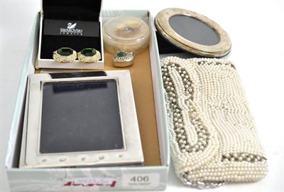 Lot 406 - Two silver photograph frames, pair of Swarovski crystal earrings, beaded bag and other items