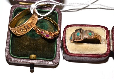 Lot 409 - An 18ct gold ruby and diamond five stone ring, a 15ct gold 'Mizpah' ring and a turquoise ring (3)