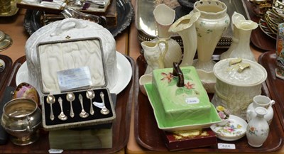 Lot 424 - A silver twin handled bowl, six silver teaspoons, quantity of Belleek etc (on two trays)