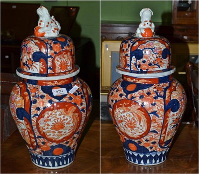 Lot 430 - Pair of large Imari pottery vases and covers