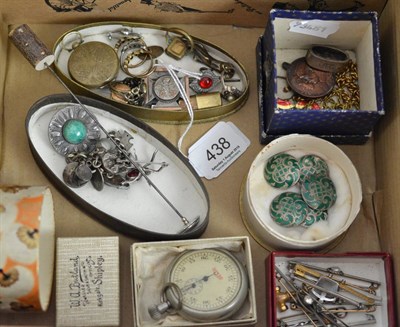 Lot 438 - Five green enamelled silver buttons, assorted brooches, paste rings, a hat pin, etc