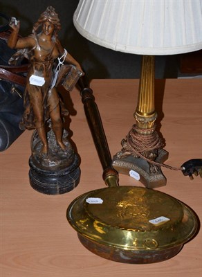 Lot 446 - Brass bed warming pan, spelter figure of a maiden, gilt metal table lamp and shade (3)