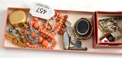 Lot 457 - A faux coral necklace, a sardonyx brooch, a pearl set brooch, a fob watch etc