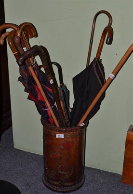 Lot 461 - Leather stick stand, umbrellas and sticks