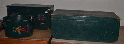 Lot 1000 - Two green painted trunks and a circular twin handled tub (3)