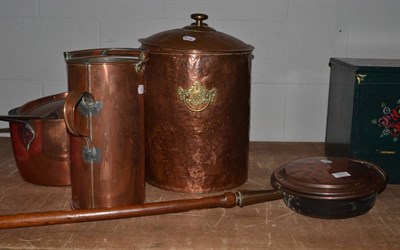 Lot 1001 - Copper saucepan and lid, copper jug, bed warming pan, copper coal bucket and cover