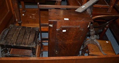 Lot 1015 - An oak cupboard (made up from a longcase clock), mahogany towel rail, tripod base, balloon back...