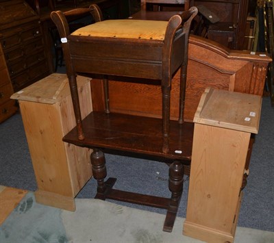 Lot 1016 - Pair of modern pine bedside tables, piano stool and an oak occasional table