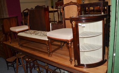 Lot 1020 - Panelled oak bureau, pair of inlaid salon chairs, duet stool with crewel work top, hanging...