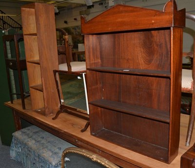 Lot 1026 - Mahogany converted square wash stand, Regency open book shelf with pedimented cornice, box...