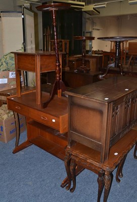 Lot 1027 - A nest of three glass top coffee tables, modern blanket chest, two drawer table, torchere,...