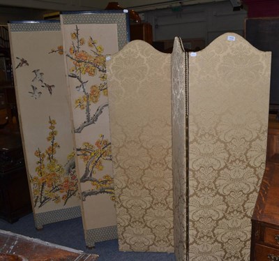 Lot 1032 - Yellow damask folding screen and an Oriental folding screen (2)