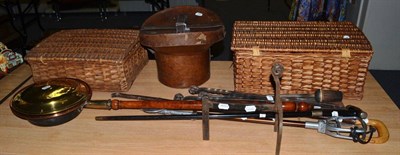 Lot 1060 - Coracle wicker hamper, another hamper, black silk top hat in leather case with collars and...