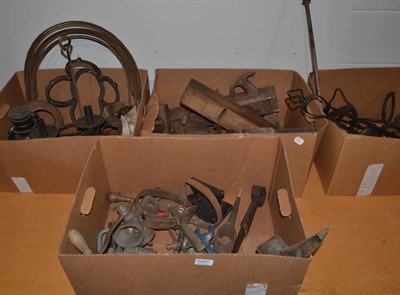 Lot 1067 - Assorted wooden planes, wartime candlesticks, assorted tools, three mincers and other assorted...