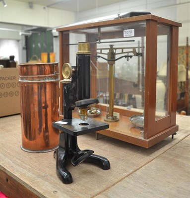 Lot 1079 - Precision balance Beck microscope, a copper flask and a petri dish washer