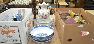 Lot 1080 - Assorted plated flatware, books, pottery, decorative items, cased fish servers, Chinese blue...