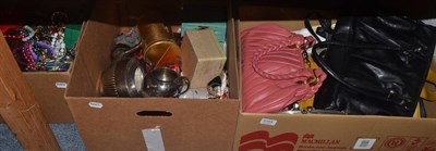 Lot 1094 - Assorted costume jewellery, modern handbags, scarves etc (three boxes)