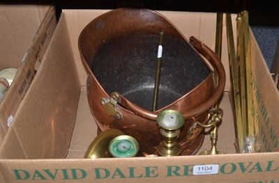 Lot 1104 - Assorted brass and copper including a coal helmet, set of fire irons and a pestle and mortar