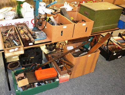 Lot 1124 - A collection of mixed tools, including drills, saws, tool boxes, squares etc