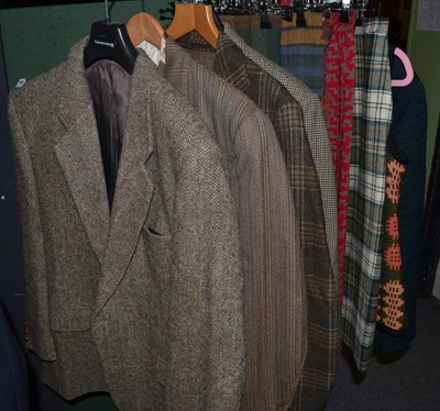 Lot 1126 - Assorted gents tweed and wool jackets, wool scarves, wool skirts etc (rail)