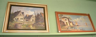 Lot 1130 - Modern framed oil on board, cottages by a river, indistinctly signed, together with a framed oil on