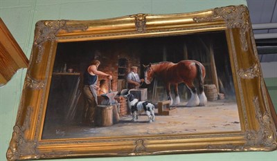 Lot 1134 - Modern gilt framed oil on canvas, The Blacksmiths, signed Willis