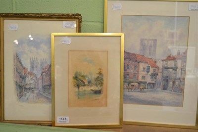 Lot 1141 - George Fall, watercolour of Petergate and the Minster, York, a watercolour of St Sampsons...