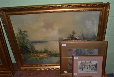 Lot 1146 - Large modern gilt framed oil on board of a river scene, signed and two watercolours signed G....