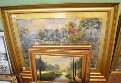 Lot 1147 - R Wood (19th century) landscape with a watermill, signed and dated (18)84, watercolour,...