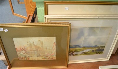 Lot 1151 - Large framed watercolour of a coastal town bearing the signature J Rock Jones 1888, pair of...