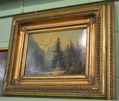 Lot 1168 - A 19th century gilt framed oil on board, Continental scene of a figure with mountainous...