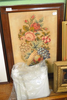 Lot 1177 - A 19th century woolwork picture in a simulated rosewood frame and a small quantity of linen