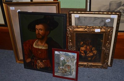 Lot 1180 - Framed pastel of a young girl in a white cap, oil of a Tudor gent, three framed prints (5)