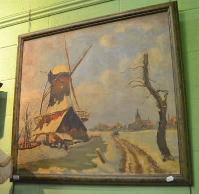 Lot 1181 - Continental school (20th century), Windmill in winter landscape, oil on canvas