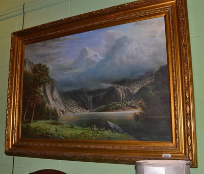 Lot 1182 - Large modern gilt framed oil on canvas, figures by a lake