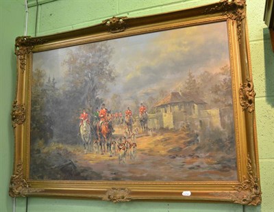 Lot 1183 - A gilt framed modern oil on canvas on a huntsman and hounds, indistinctly signed